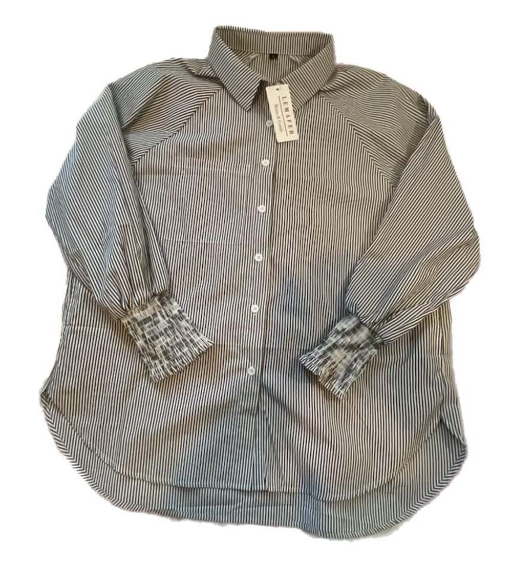 NWT Lemafer Women's Striped Long  Button Blouse Smocked Grandma Ruffle Cuffs